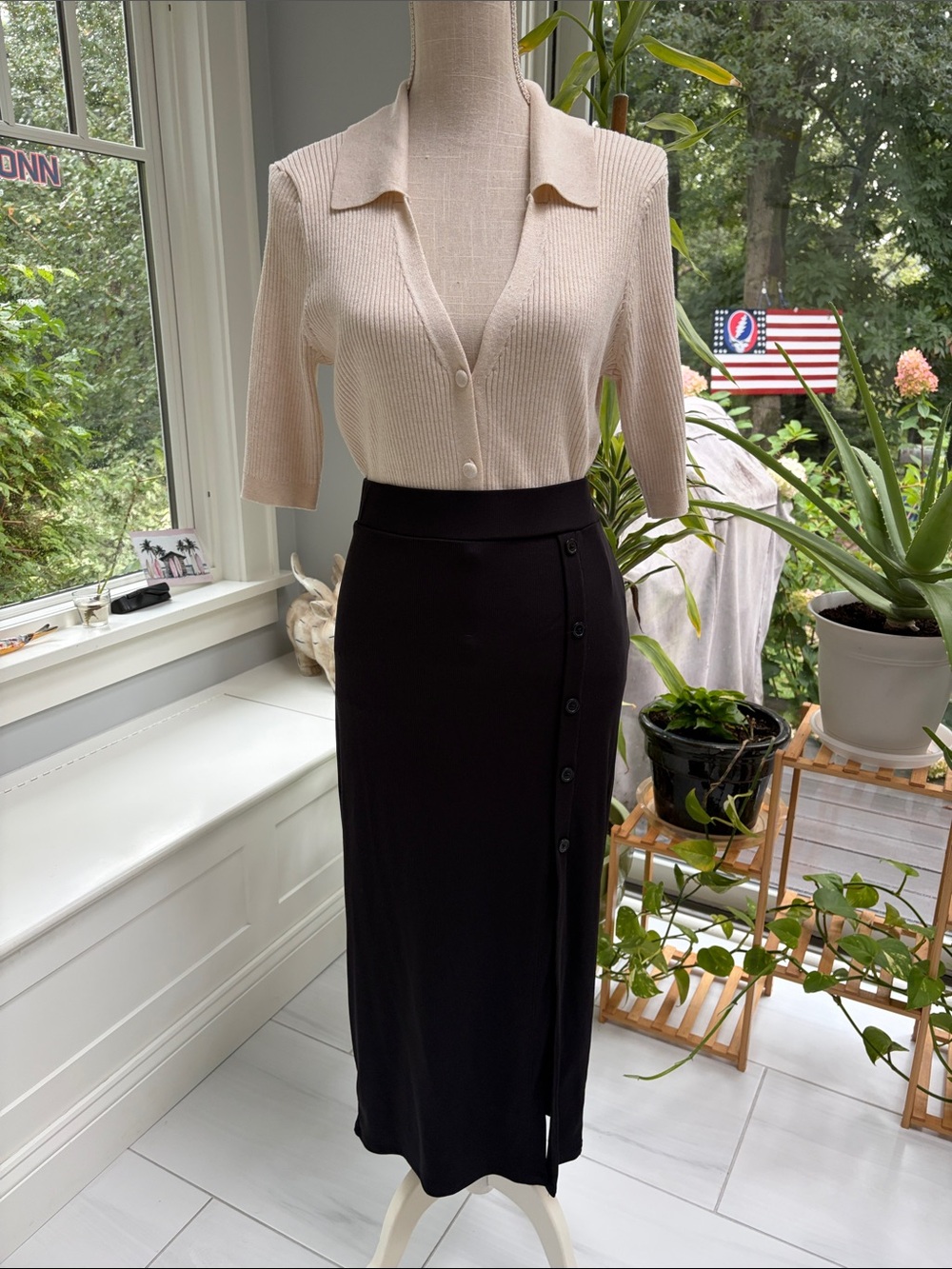 Two-piece set, Cream collared cardigan and Black side slit skirt